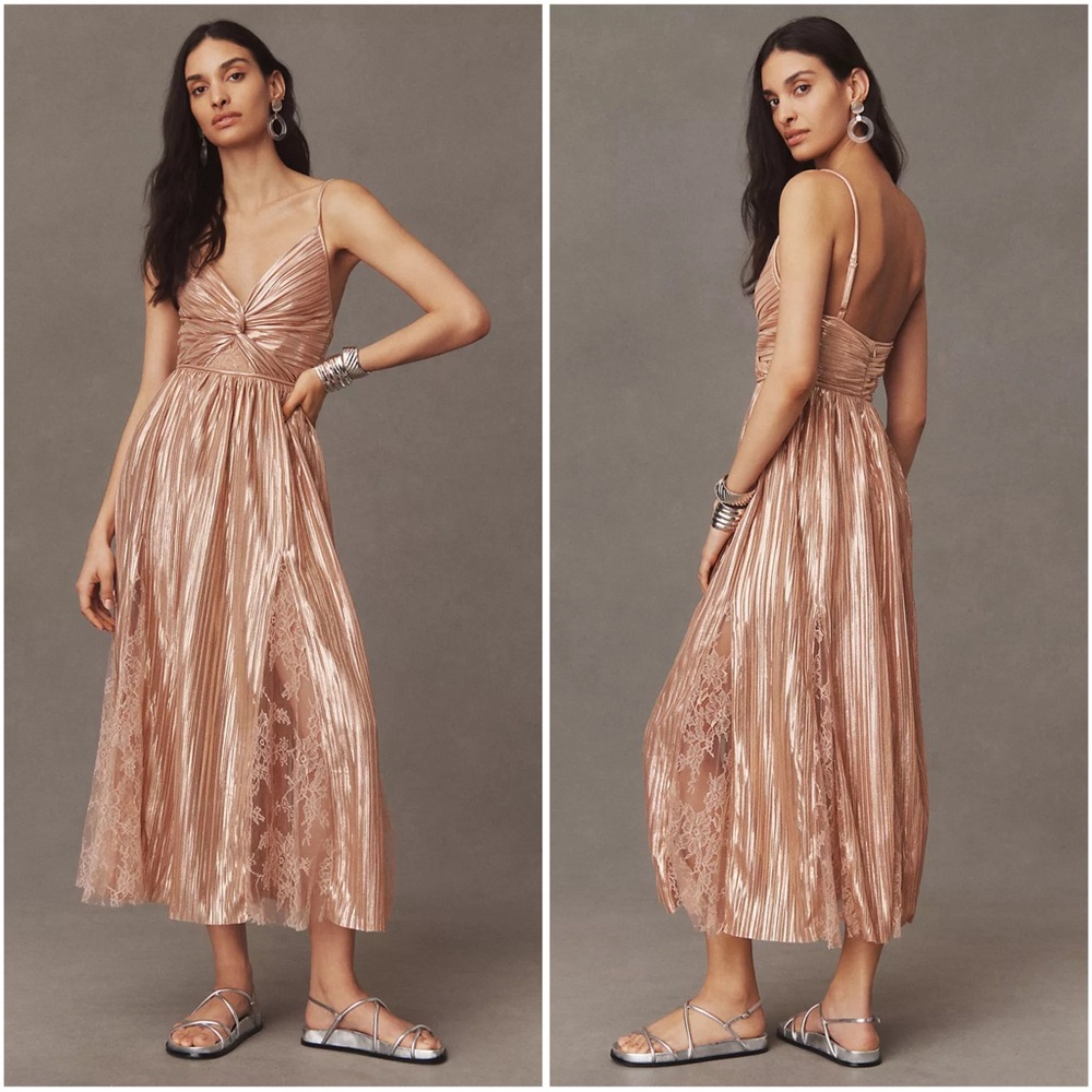 Sabina Musayev Franny Deep-V Satin A-Line Rose Gold midi Dress